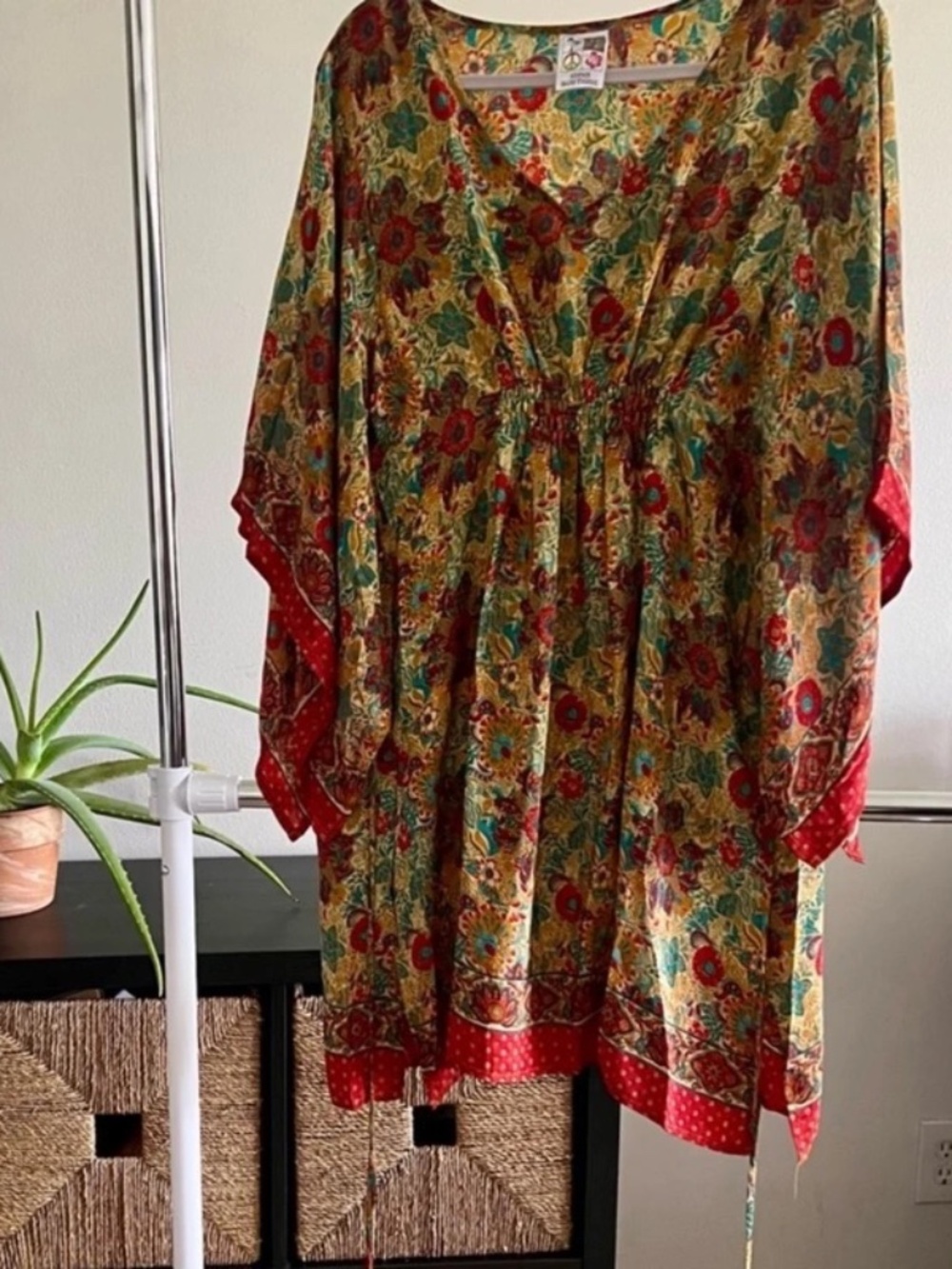 Boho Multicolor Floral Tunic Dress with Teal and Red Accents